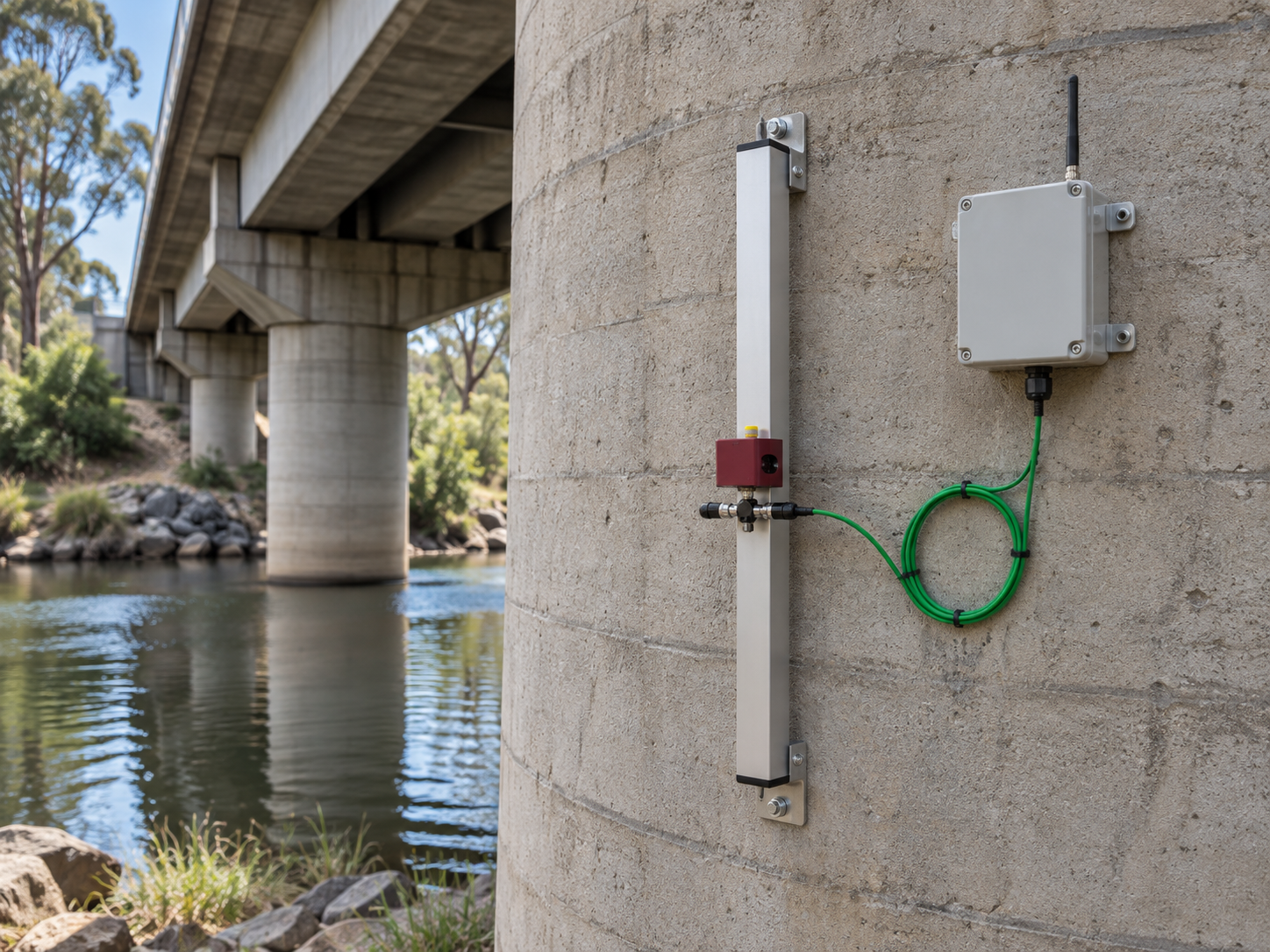 Tilt-beam sensor and logger enclosure mounted on a concrete bridge pier