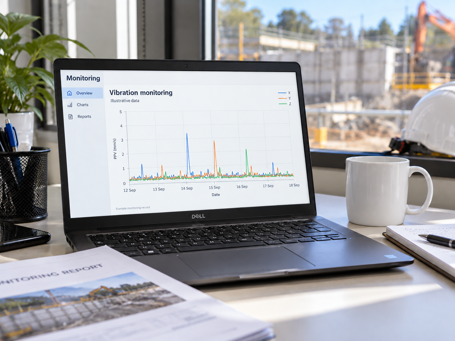 Laptop displaying an illustrative vibration monitoring chart in a site office