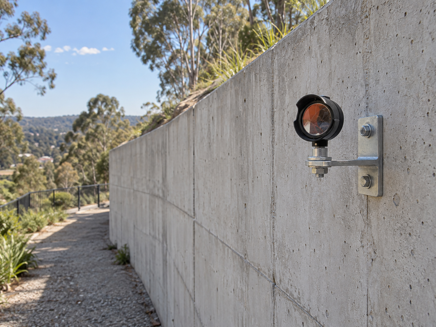 Survey monitoring prism fixed to a concrete retaining wall