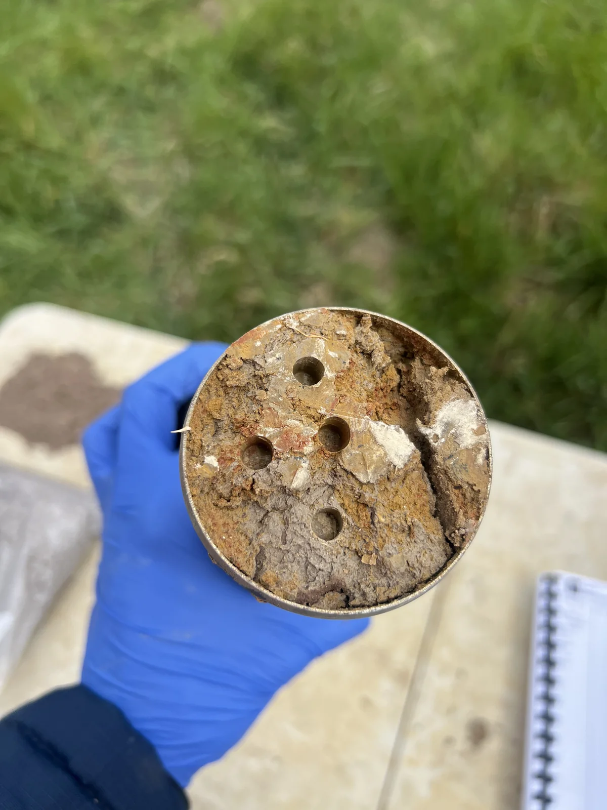 Close-up of a recovered soil sample in a sampling tube, held in a gloved hand.