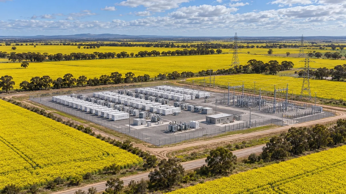AI-generated illustration of battery storage units and electrical infrastructure surrounded by yellow flowering fields.