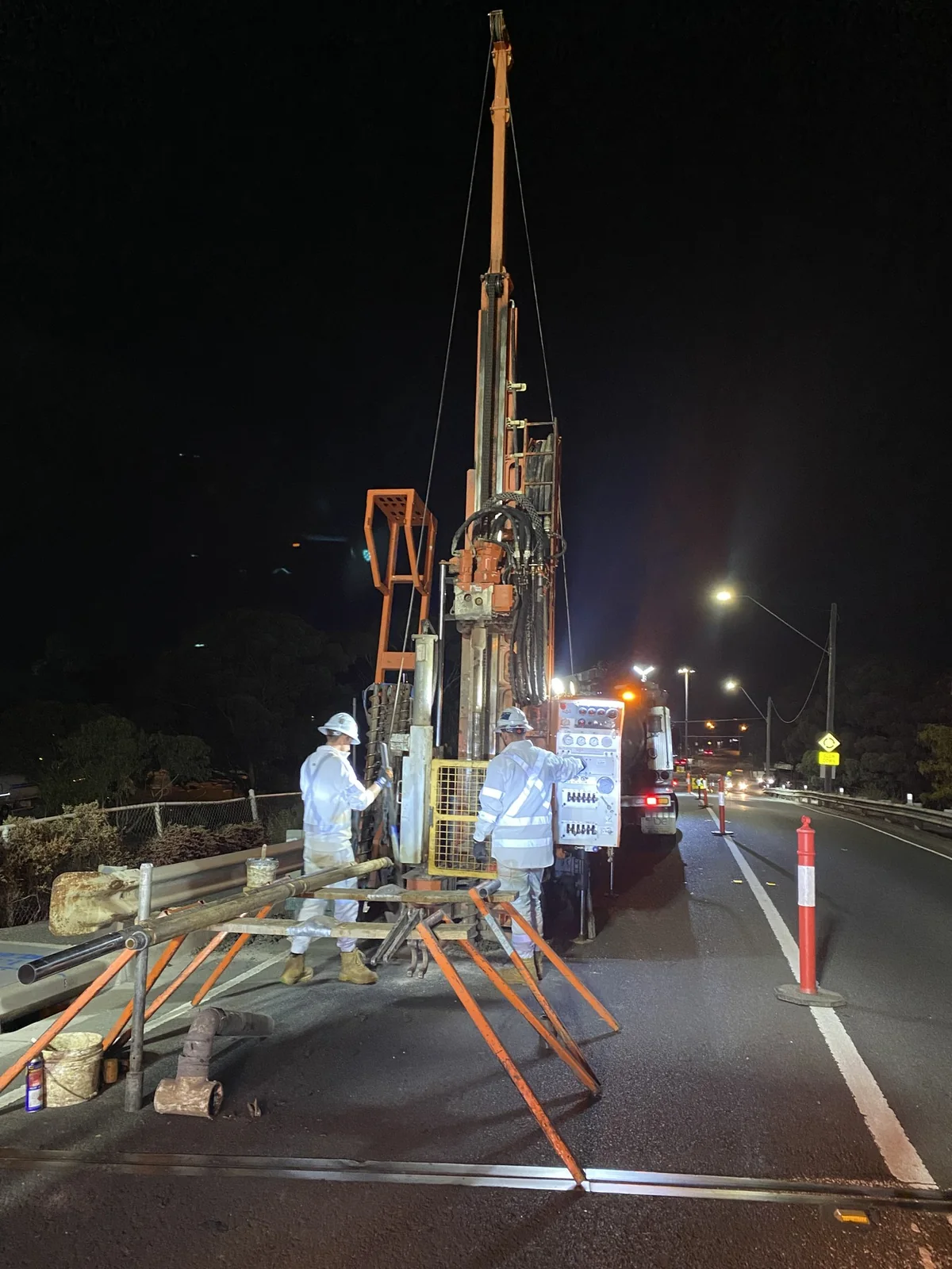 Geotechnical drilling during night works in the Point Cook road corridor